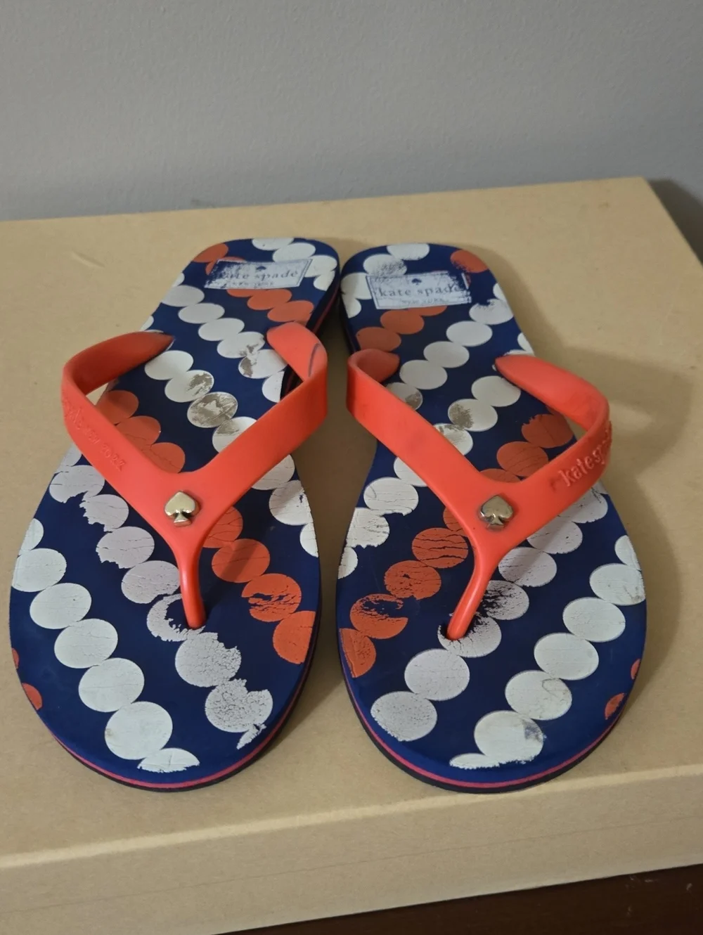 kate spade navy flip flops with white and coral polka dots Size 10M